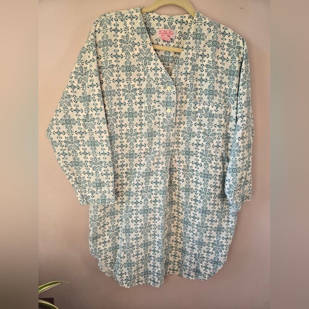 Vtg Honors Intimates Cotton Nightgown M Teal Snowflake Paisley Grannycore Jamaic